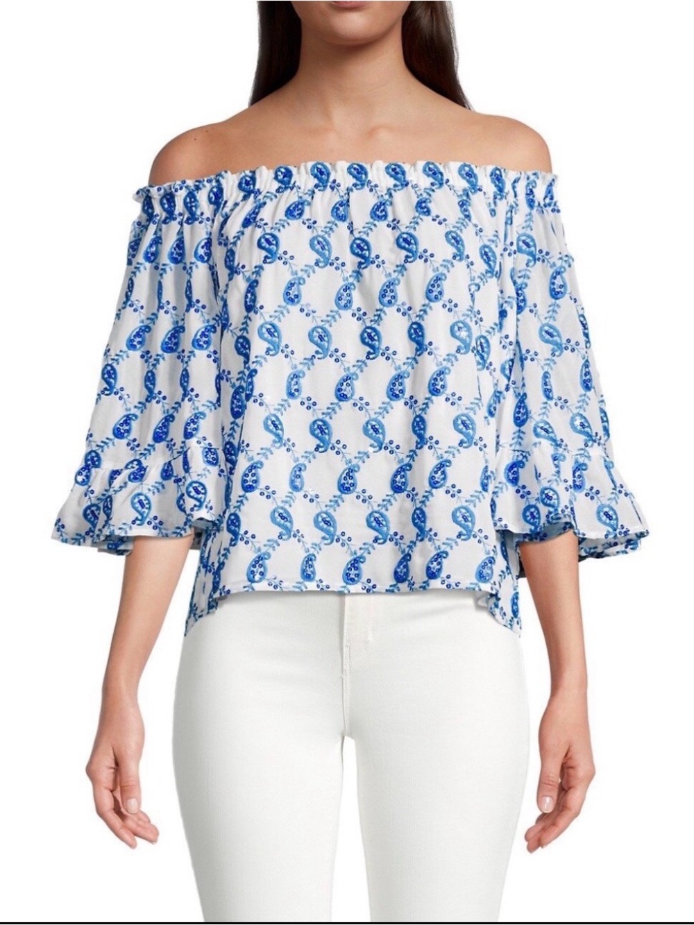 Lilly Pulitzer Baha Blue Paisley embroidered sequin Alva Off-The-Shoulder Top XS